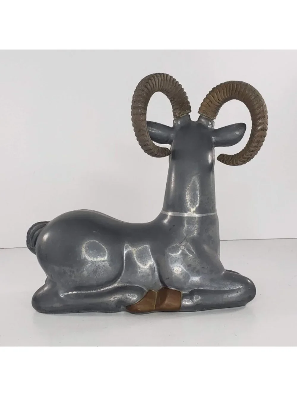 Art Deco Pewter Brass Ram Antelope Ibex Bookend Pair Vintage 1930s
